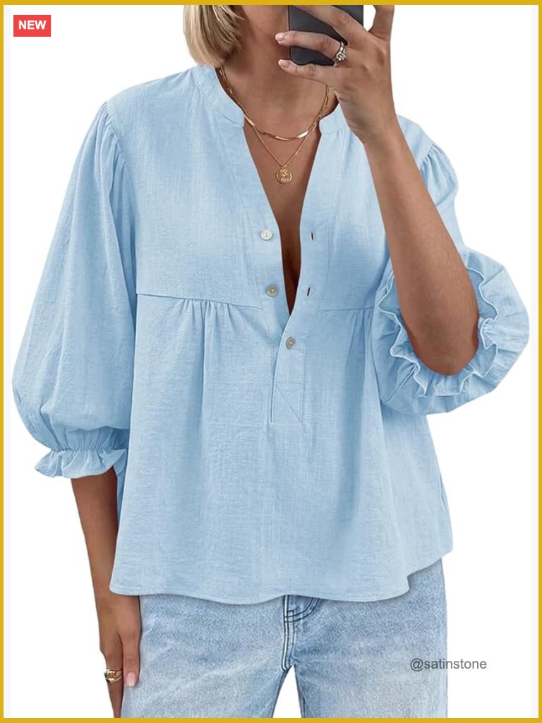Puff Sleeve Babydoll Top V Neck Button Down Blouse Cotton Loose Fit Flowy Shirt